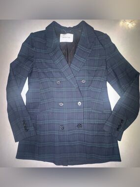 Aritzia Babaton Plaid Blazer Women’s 4 Preppy 90s Navy Green Christmas